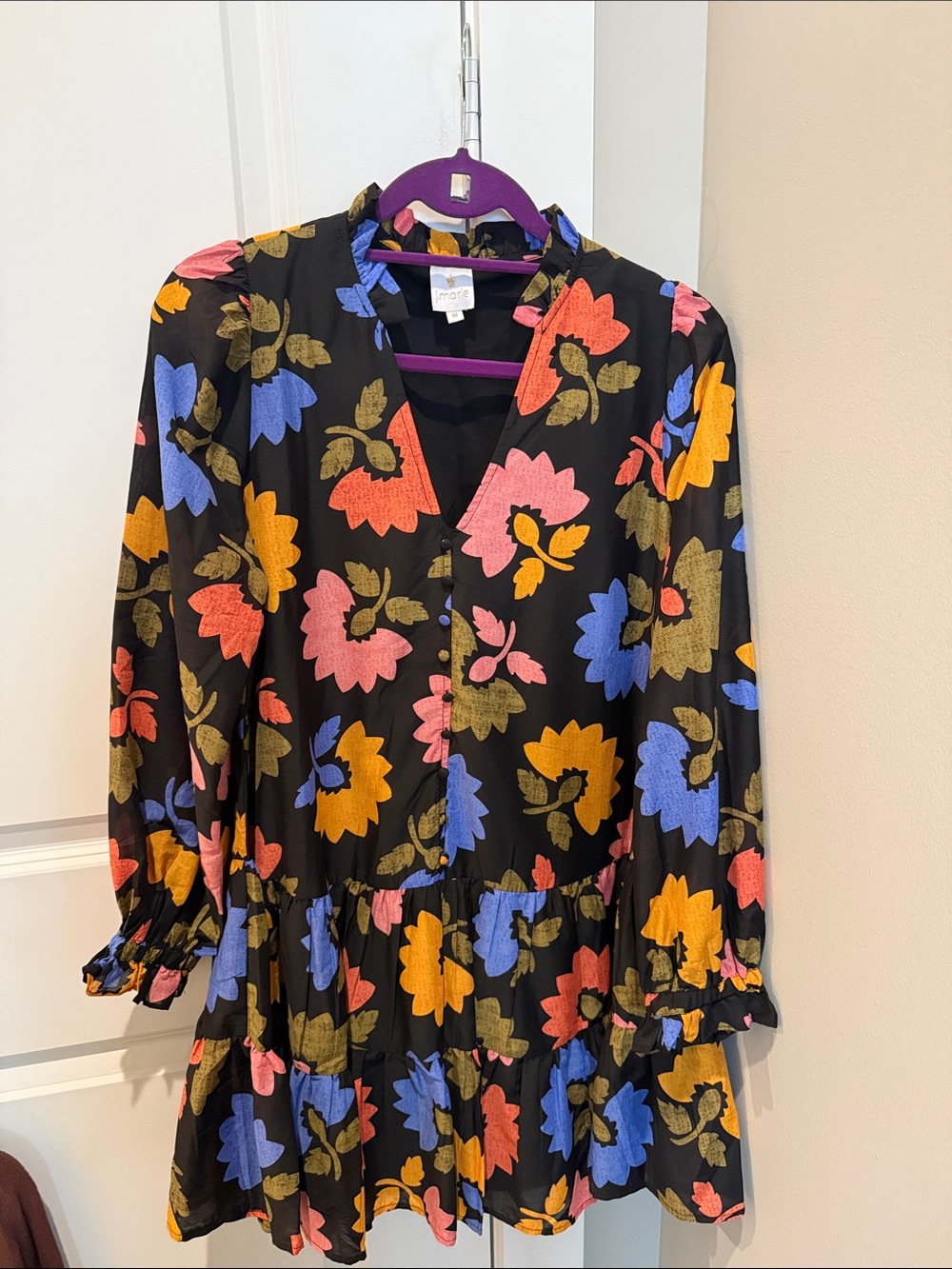 Printed V-Neck Tiered Tunic Dress - Black with Multicolor Floral